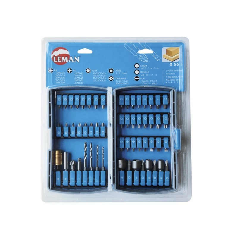 LEMAN - Boite De 44 Embouts + 2 Porte-embouts + 1 Adaptateur 1/4 + 4 Mèches Bois + 4 Douilles + 1 Fraisoir