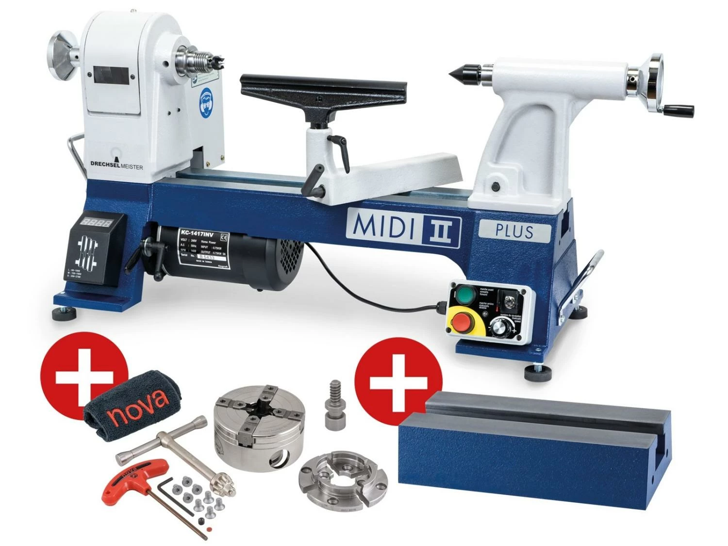 DRECHSELMEISTER - MIDI 2 PLUS - Mini Tour à Bois D'établi 400 Mm Avec Convertisseur + Mandrin Nova G3 Et Rallonge De Banc 280 Mm